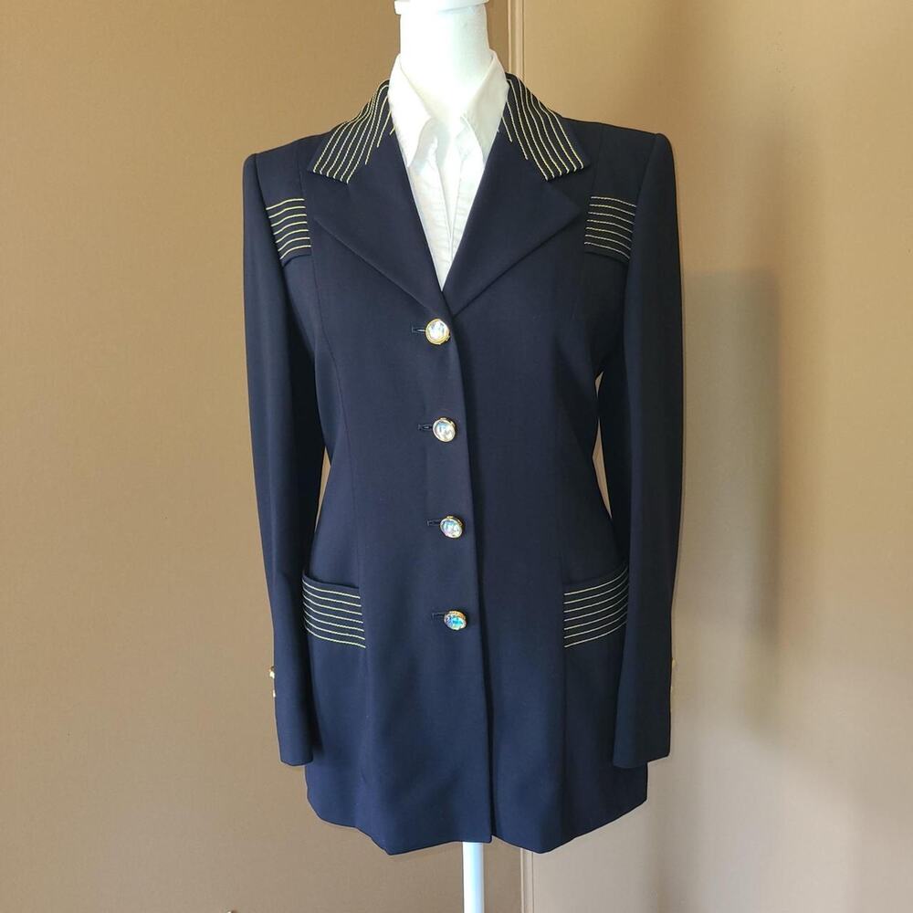 Vintage ESCADA Margaretha Ley Wool Navy Gold Embroidered Blazer Jacket EU 35